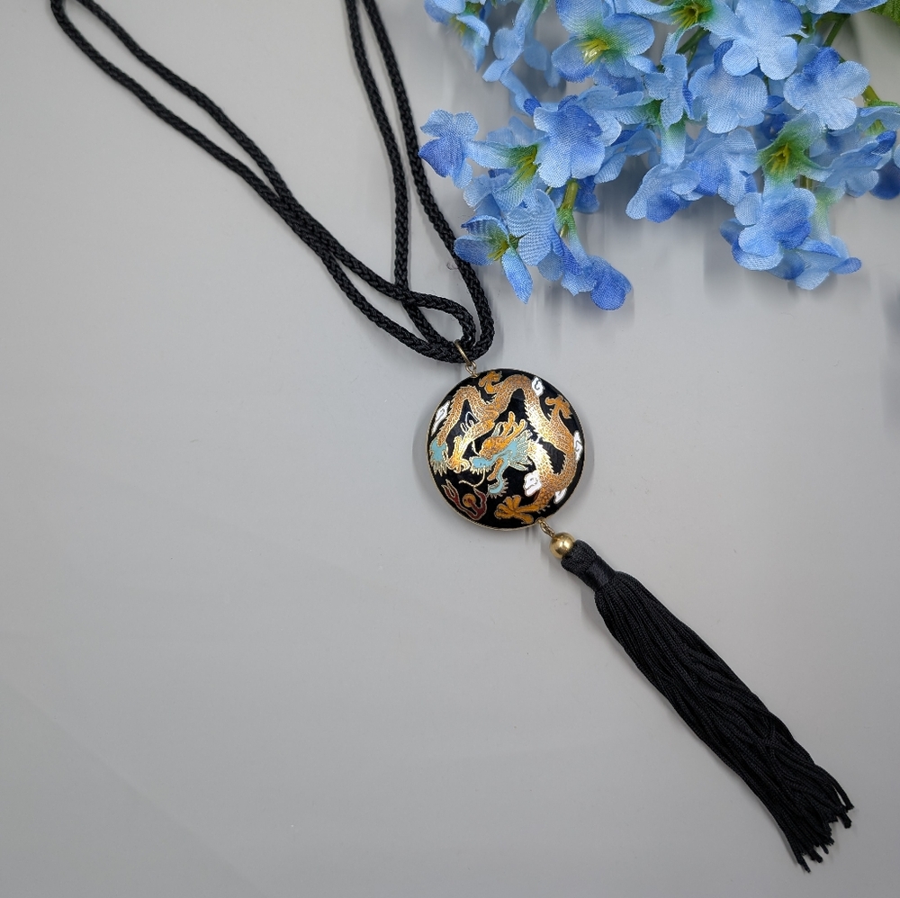 Stunning Blue And Orange Dragon Cloisonne Style Vintage Necklace